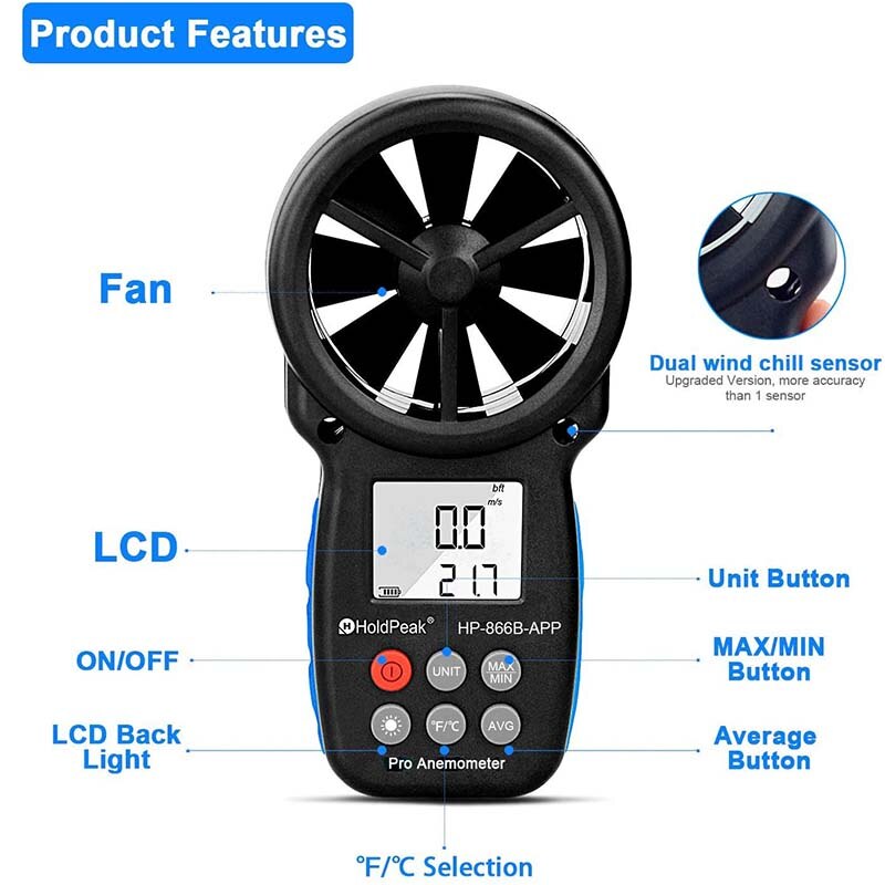 Holdpeak HP-866B-APP Anemometer & Met App Draadloze Bluetooth Auto Aansluiten Om Mobiele Telefoon Voor Meten En Opname Windsnelheid