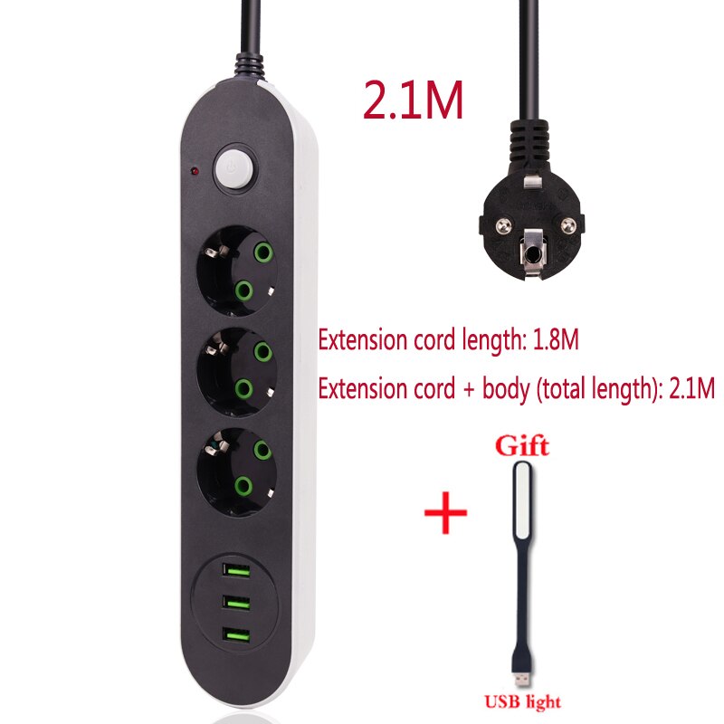 Smart USB Power Strip Socket EU Plug 3 USB Charge 5M Power Cord Wall Charge Adapter For Robot Vacuum Cleaner Humidifier: 2M
