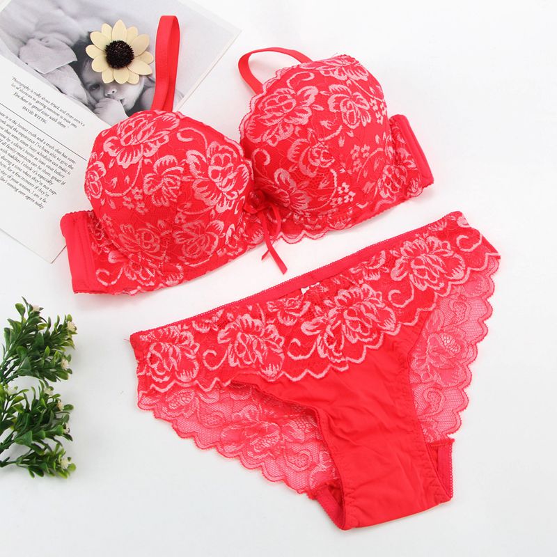 Sexede bh'er sæt print blonder dame plus size lingeri sæt bc skål broderi blå rødblomstret bh sæt dame intimer bh: Rød / 75b