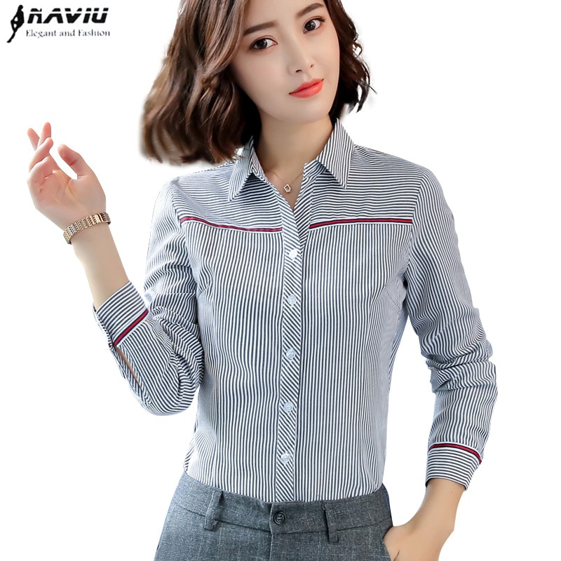 Striped Cotton Shirt Formal Business Slim Long Sleeve Blouse Women Plus Size Tops