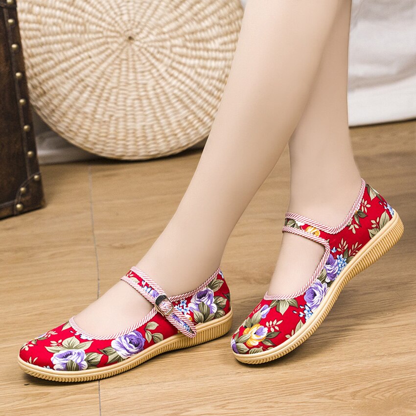 Chinesische Schuhe Frauen Blumen- drucken Maria Jane Wohnungen Nationalen retro Jahrgang Ethnische Sandalen Weibliche lässig Schuhe Traditionellen Hausschuhe