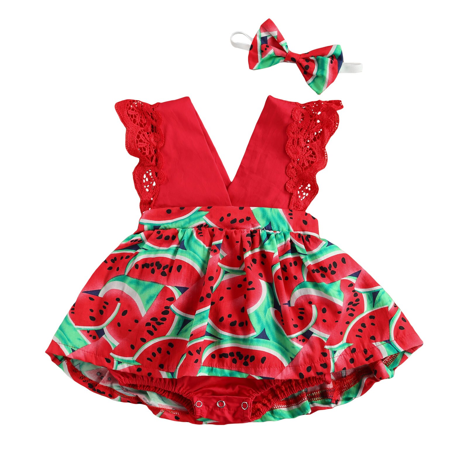 Conjunto de ropa con Estampado de sandía para bebé, Mono corto con cuello en V profundo sin mangas para niñas + Diadema con lazo