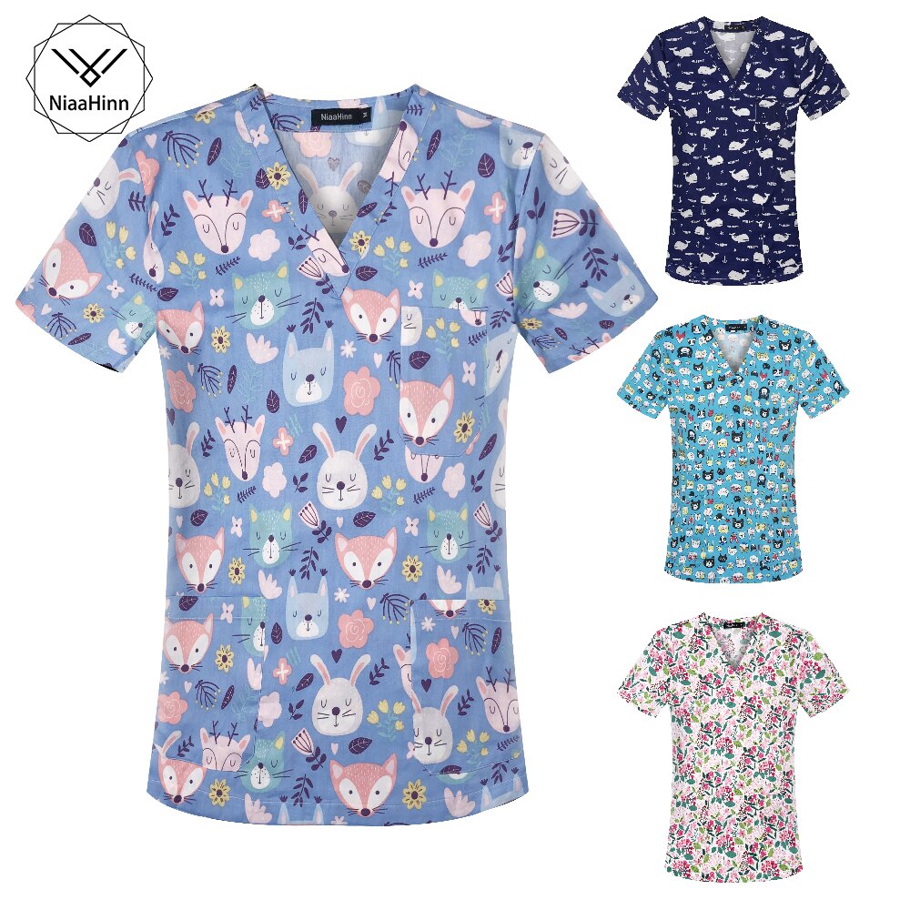 Vrouwen Leuke Cartoon Print Verpleging Scrubs Tops T Shirt Casual Korte Mouw Vrouwen Scrubs Uniformen Verpleegster V-hals Pocket Vrouwen Kleding