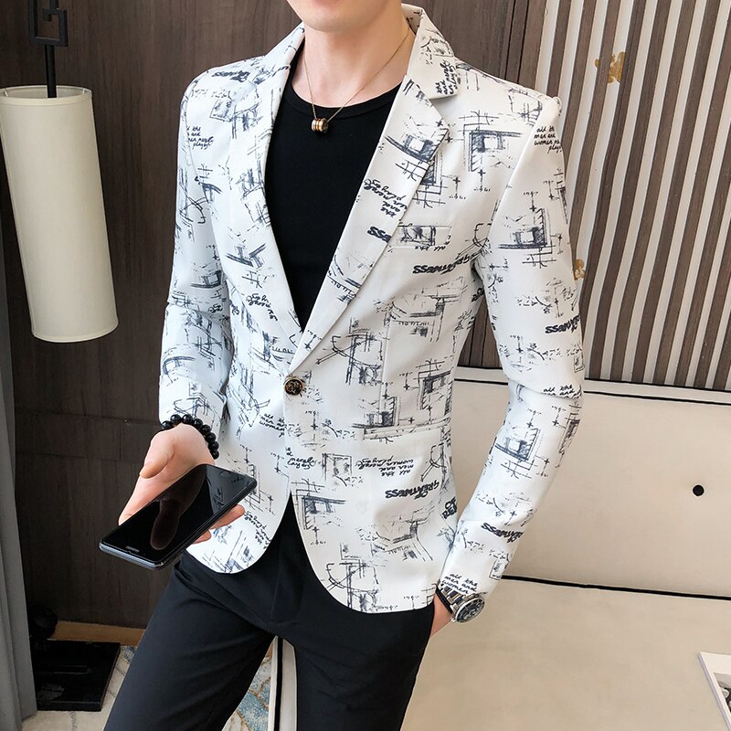 Lente koreaanse jas heren blazer print zakelijke jurk casual slim fit kostuum jas podium heren bruiloft blazer jas