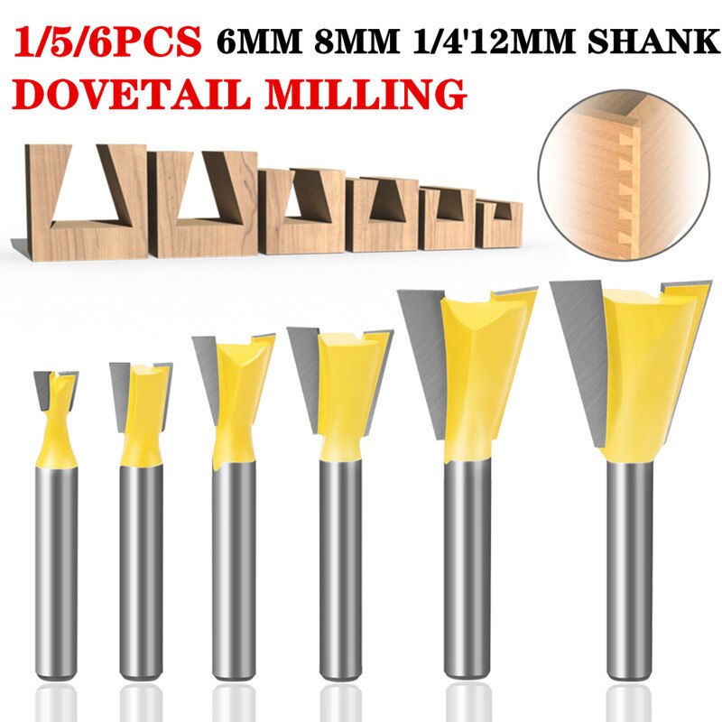 1/5/6Pcs 6mm/6.35mm 8MM Shank Dovetail Milling Cutters C3 Grade Tungsten Router Bits For Wood Carving Woodworking Tools