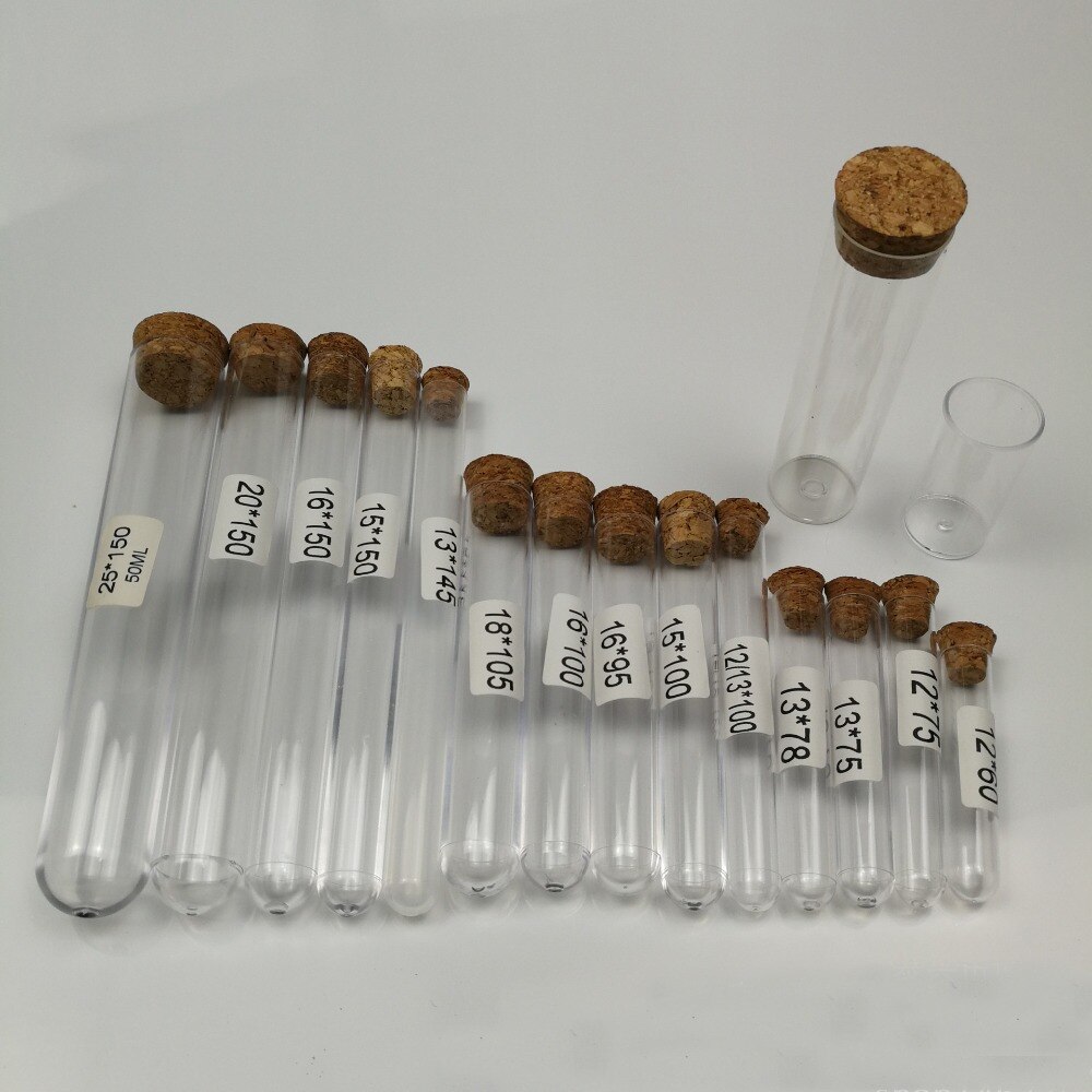 Tubo de ensayo de plástico para laboratorio o boda, lote de 50 unidades, 12x60mm, 12x75mm, 13x78mm, 12x100mm, 15x100mm, 15x150mm,