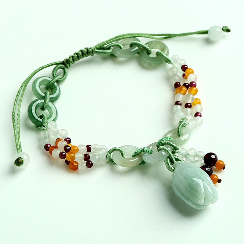 Natural Jade Roses Braided Bracelet Genuine A Goods Emerald Retractable Bracelet Female Simple Jewelry