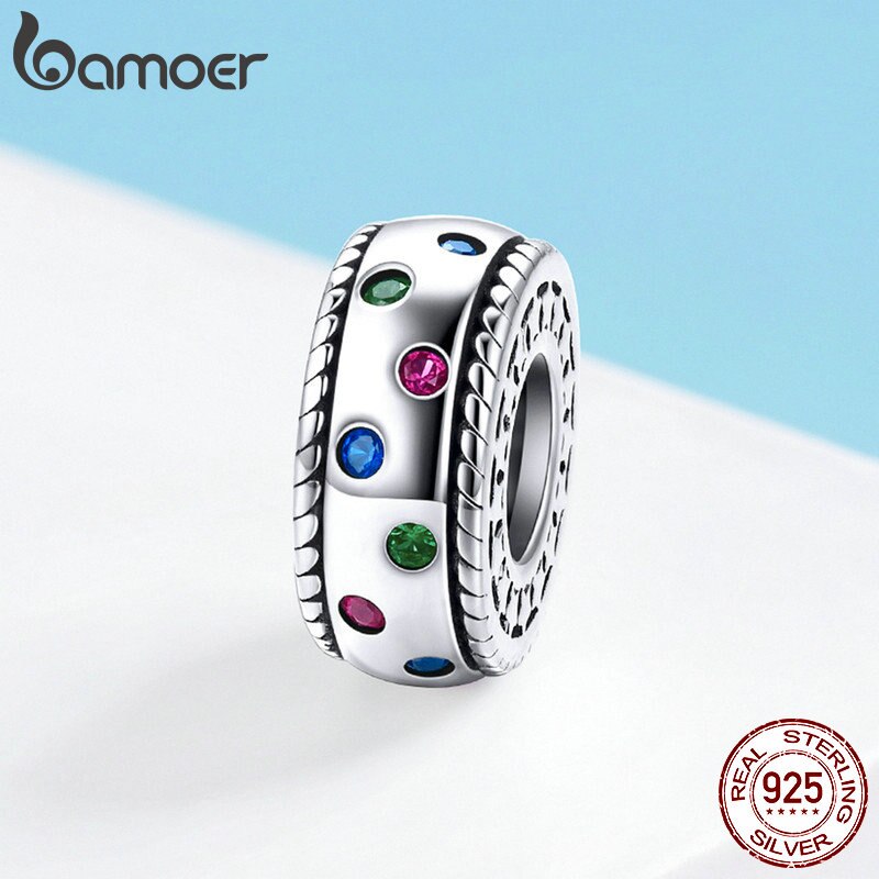 BAMOER Vendita Calda 100% 925 Sterling Silver Arcobaleno Colorato CZ Branelli di Fascino del Distanziatore Misura Branelli Braccialetti Con Ciondoli Braccialetti Dei Monili SCC1005