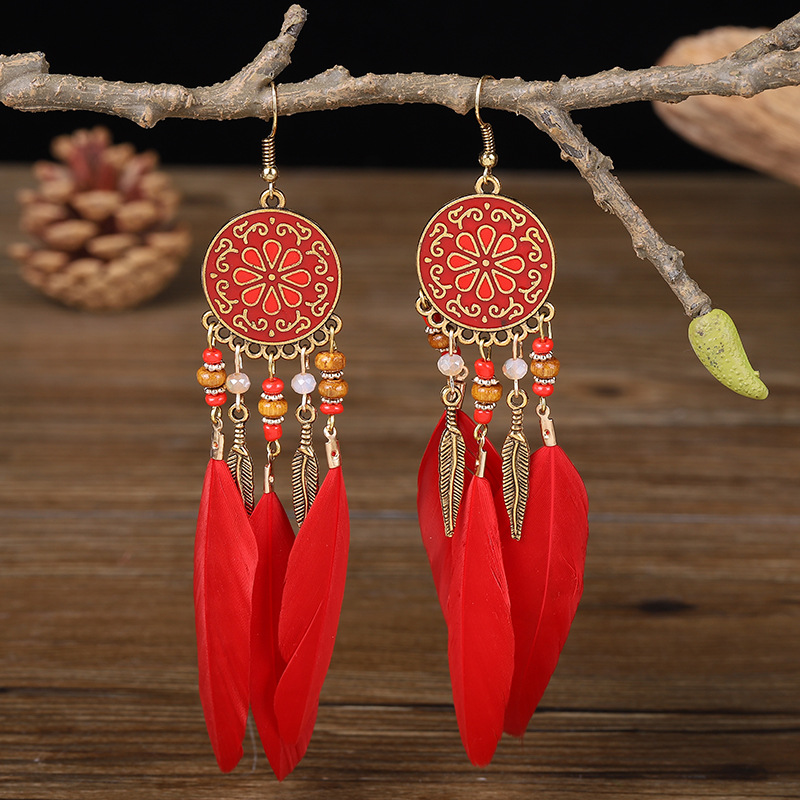 Pendientes bohemios largos de plumas colgantes para Mujer, Pendientes largos de playa con borlas, Pendientes esmaltados de flores hechos a mano, Pendientes de boda para novia para Mujer: Color amarillo dorado claro