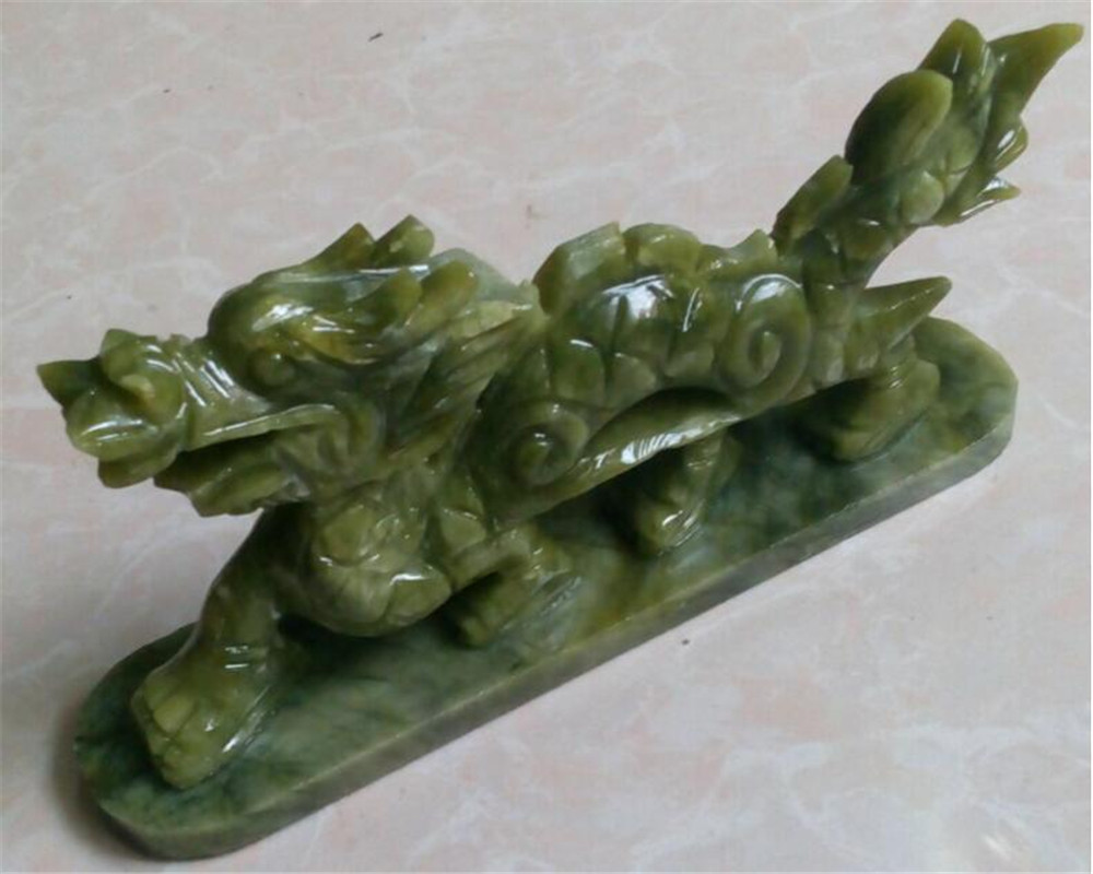 Koperen Standbeeld 100% Chinese Natuurlijke Groene Jade Hand-Gesneden Dier Draak Mooie Kleine Standbeeld