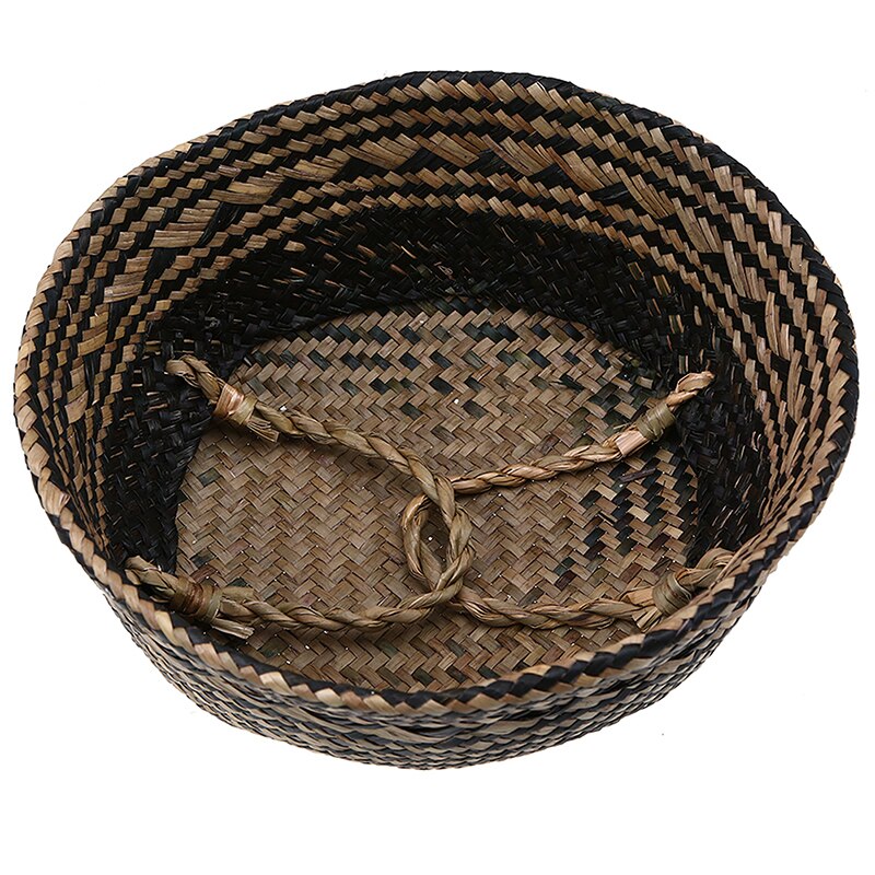 Handmade Woven Storage Basket with Black Grid Seagrass Wicker Garden Flower Plant Pot Laundry Container Toy Storage Holder
