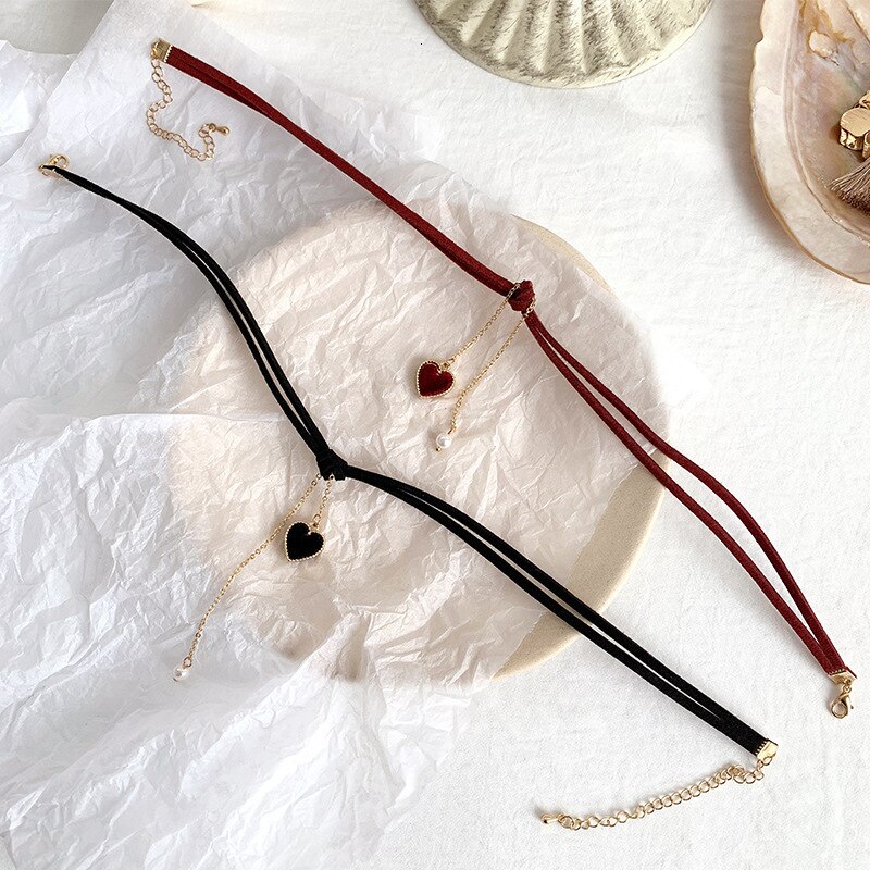 Women Chokers Necklaces Trendy Chain Cotton Heart Party Necklace For Female Korean Jewelry Red Heart Necklace