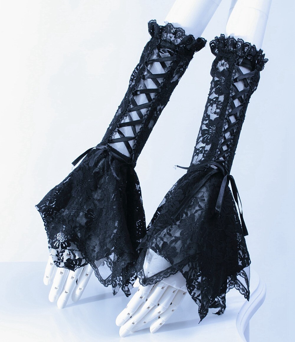 Guantes victorianos de manga de volantes para mujer, manoplas de encaje negro, ropa de mano, muñequera
