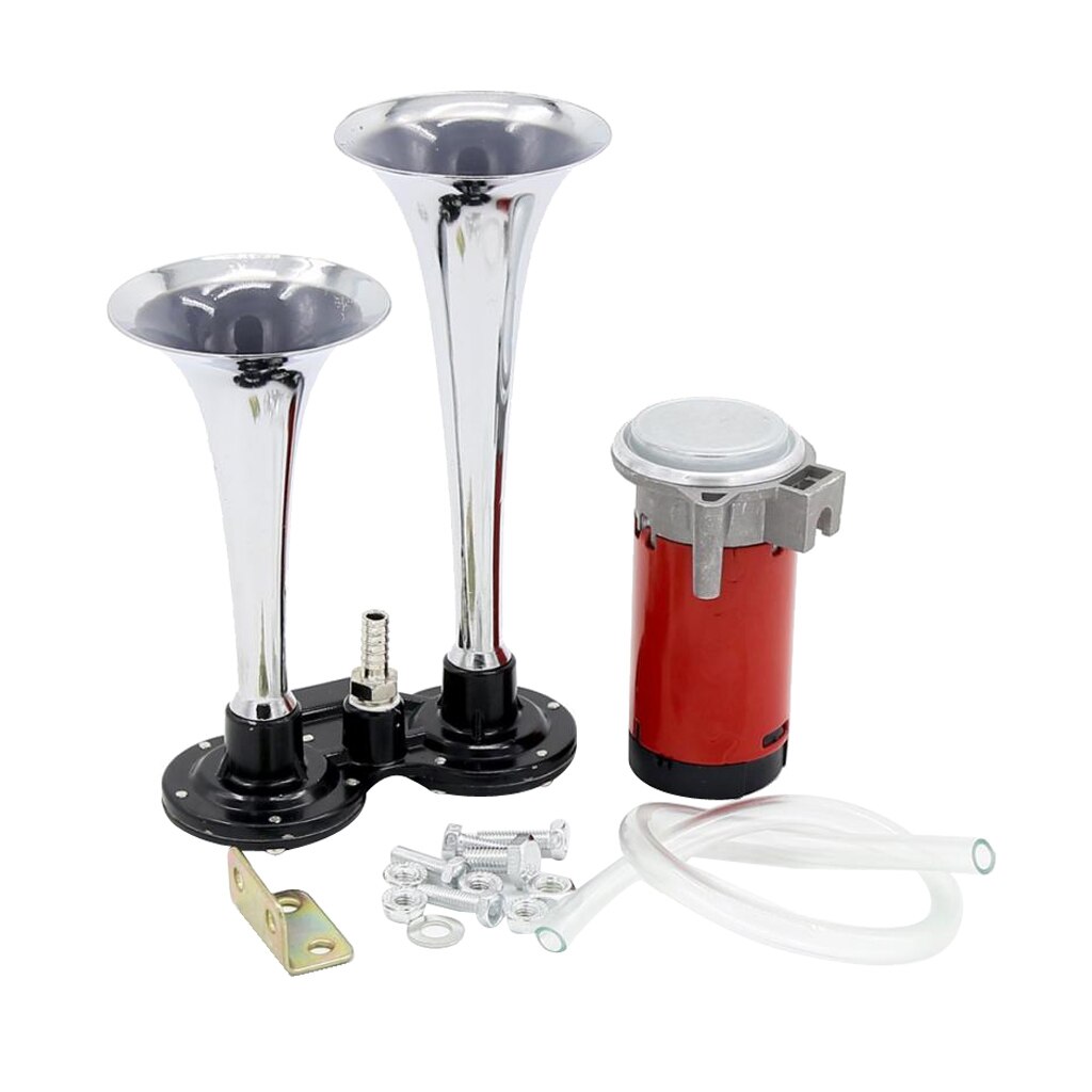 12V DC Super Loud 150db Dual Trumpet Air Horn Compressor Kit, Premium Car Vehicle Train Horn Kit (Chrome)