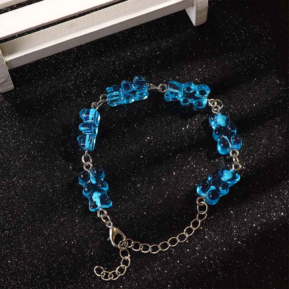 Süße Regenbogen Candy-farbige Bär Gummy Armband Handgemachte Edelstahl Kette Cartoon Anhänger Schmuck Party: Blau