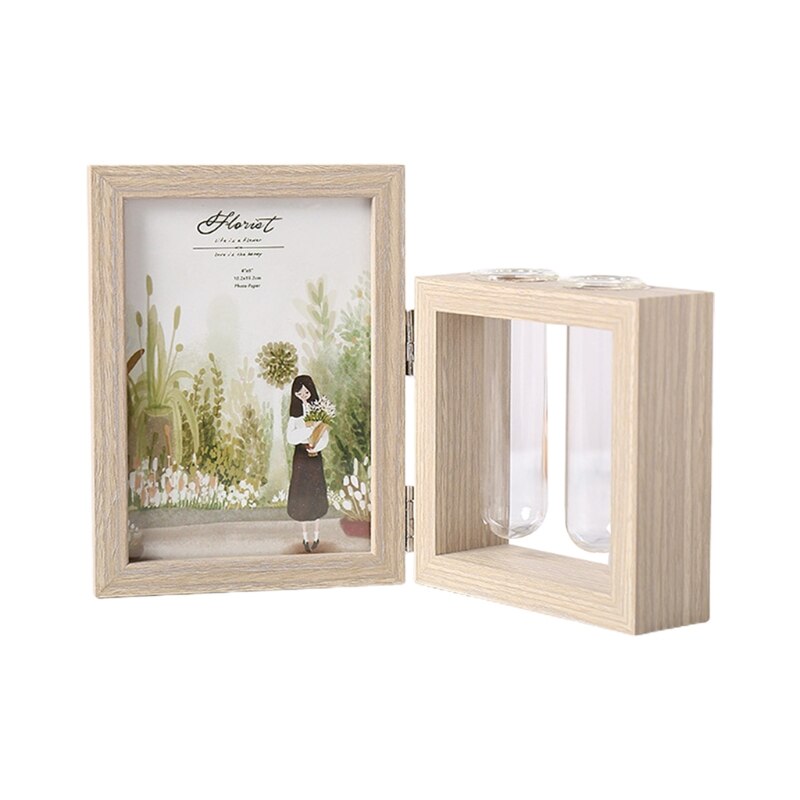 Wood Picture Frame and Plant 2 Vase Combo, Double Sided Display Hinged Desktop Wooden Stand, Glass Planter Terrarium: DK / 7 inch
