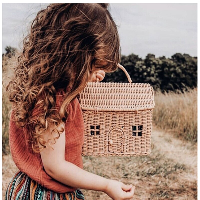 Creatieve Huis Vorm Rotan Vrouwen Handtassen Rieten Geweven Schouder Crossbody Tassen Grappige Zomer Strand Strozak Handgemaakte Reistas