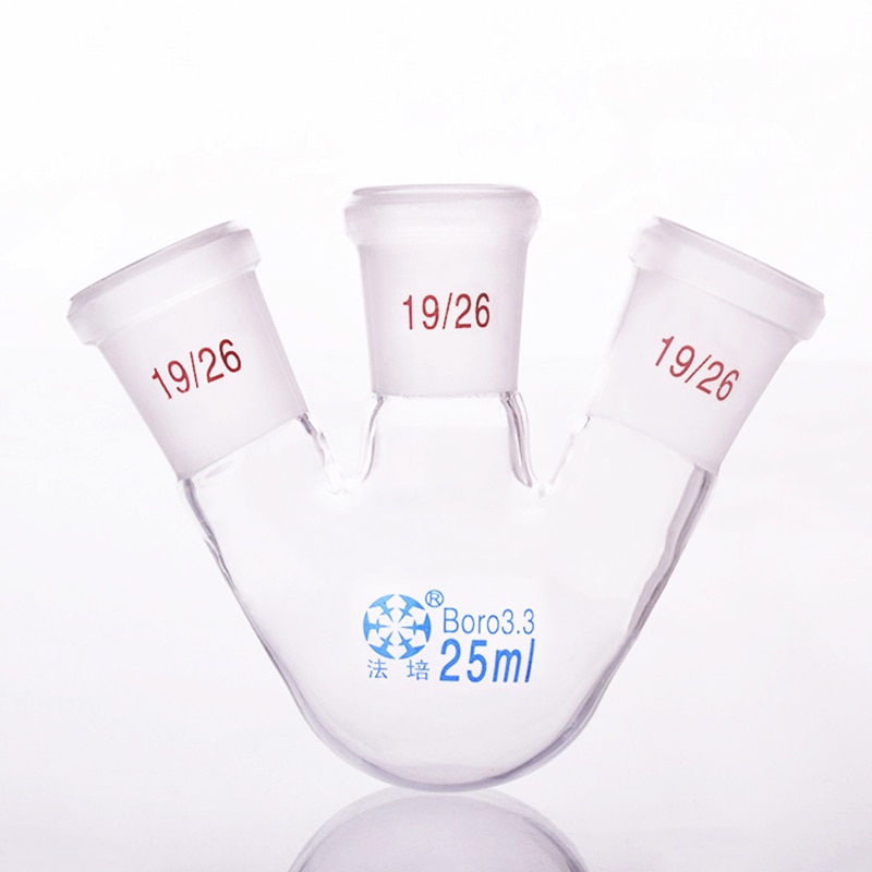 Three-necked flask oblique shape,with three necks standard grinding mouth,Capacity 25ml,Middle joint 19/26,lateral joint 19/26