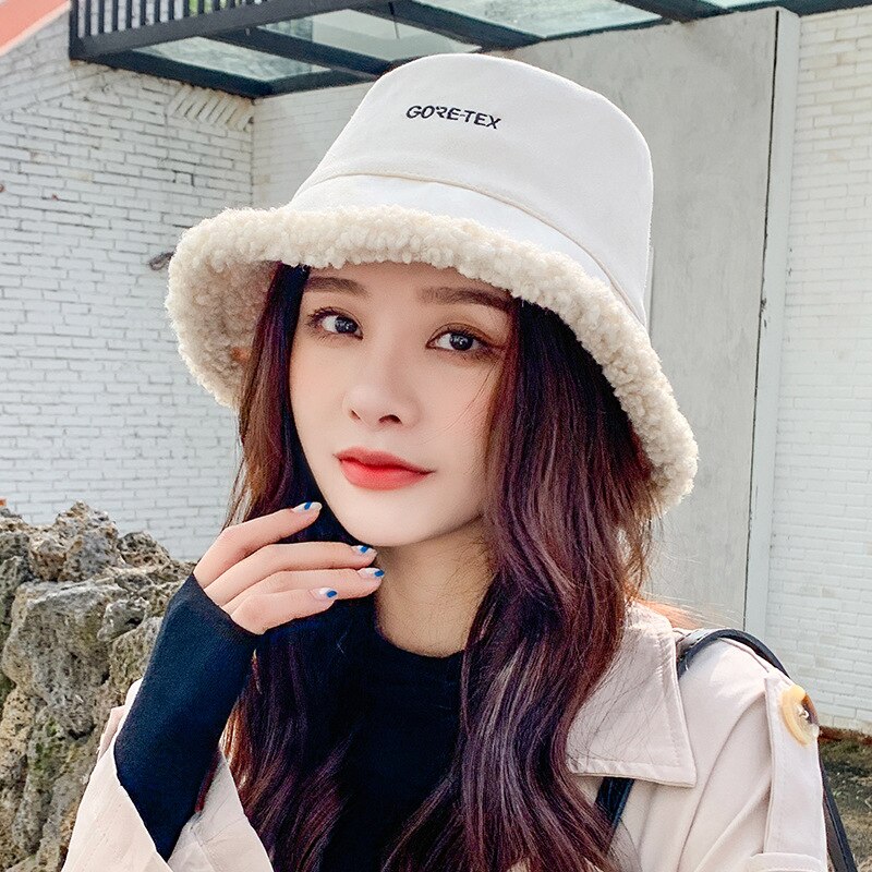 Gorro sombrero de pescador de lana oveja para mujer Otoño e Invierno estilo coreano salvaje pequeño arte fresco gorro de lavabo: Blanco