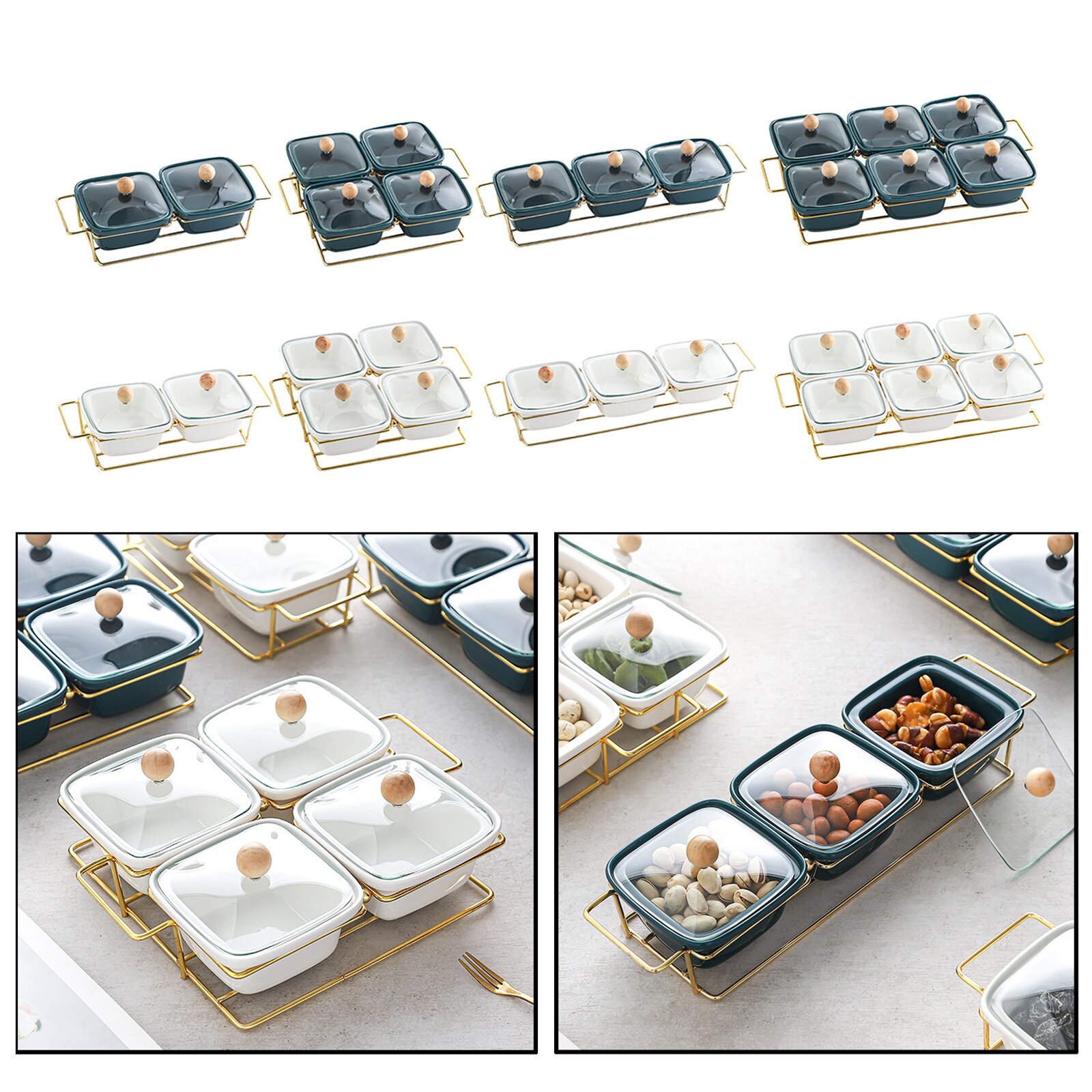 Ceramic Snacks Platter Glass Lid Moisture-proof Serving Bowl Divided Metal Rack for Nuts Candy Desserts