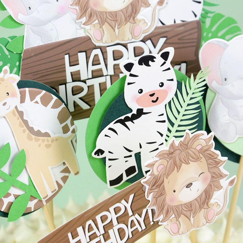 Wilde Jungle Party Cake Topper Cartoon Dier Cake Vlag Jungle Safari Verjaardag Cake Decor Baby Shower Kinderen Bos Partij Decor