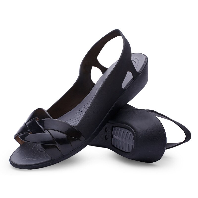 Women Clogs Jelly Sandals Home Non-slip Summer Hole Shoes Female Flat Slippers Plastic Female Girls Waterproof EVA Garden Shoes: Black / 36