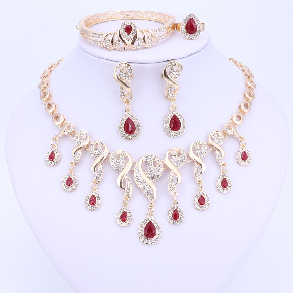 Goud Kleur Crystal Afrikaanse Kralen Sieraden Sets Voor Vrouwen Jurk Accessoires Bruiloft Bruids Ketting Oorbellen Armband Ring Sets