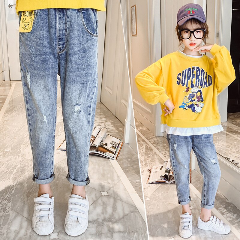 enfants pantalons jean bébé filles automne Denim pantalon déchiré jean cassé trou coton doux étudiant filles vêtements ours crayon pantalon
