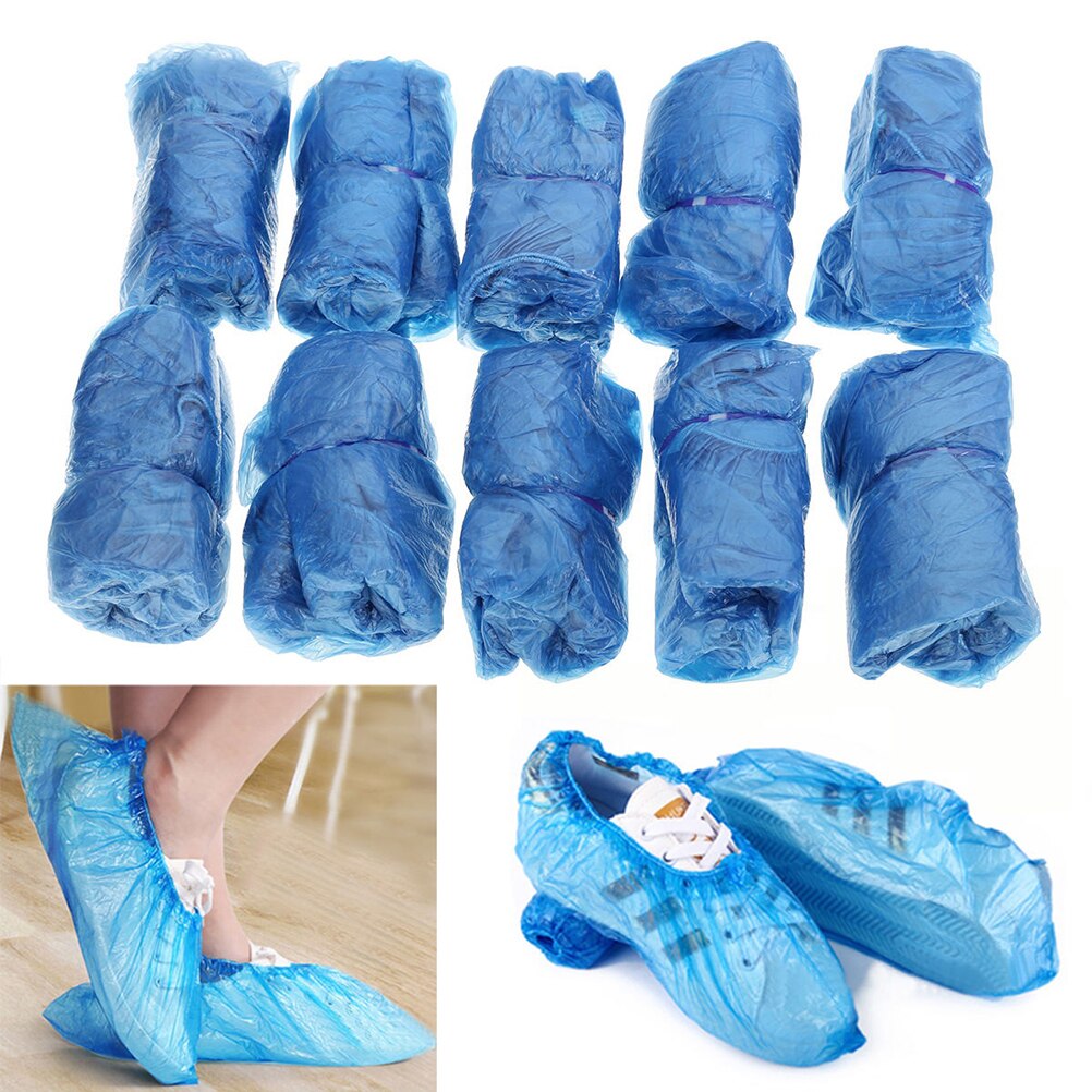 5/100 par impermeável tampas de sapato de plástico descartável dia chuvoso tapete piso protetor de limpeza grossa sapato capa azul overshoes: 100 pair