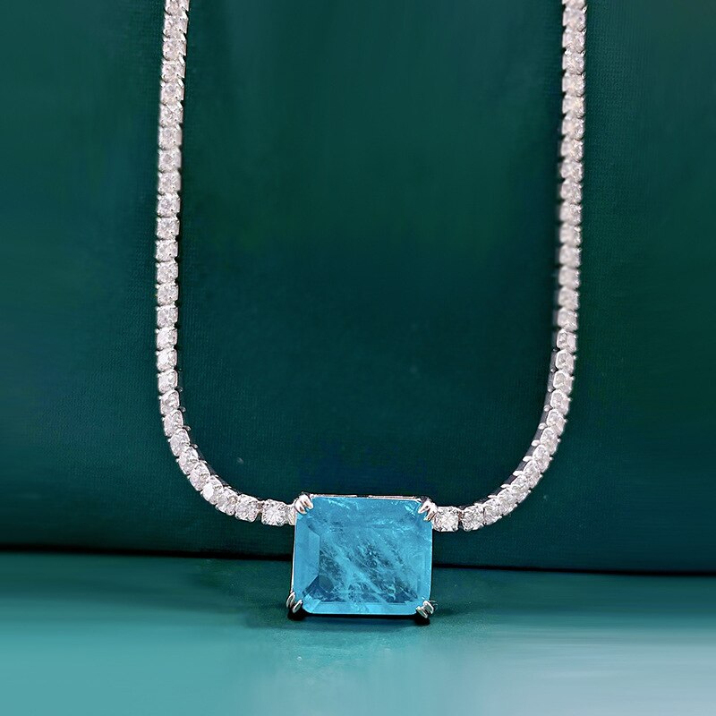 Oevas 100% 925 sterling silber paraiba smaragd high carbon diamant anhänger halskette für damen funkelnder partyschmuck: Blau