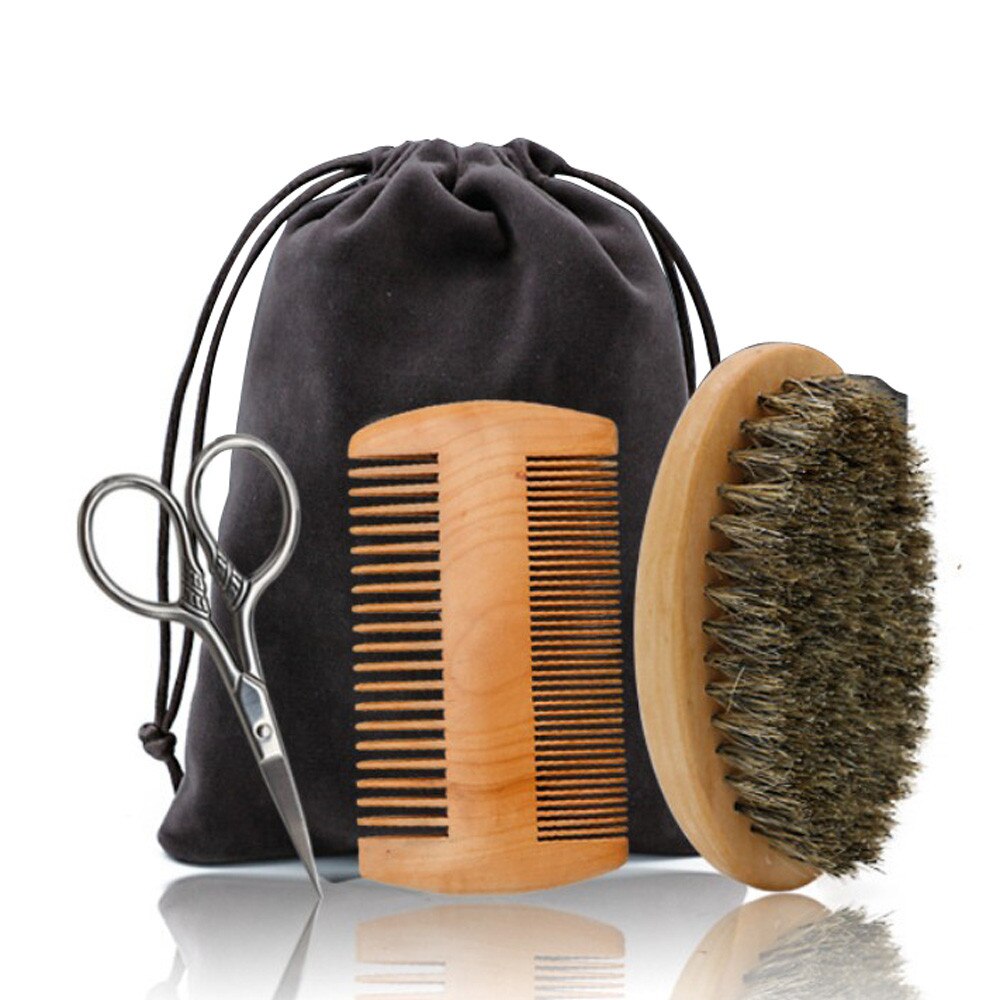 Hårsaks til frisører barber skæg børste skæg kam kit frisør saks træ skæg pleje sæt #0603