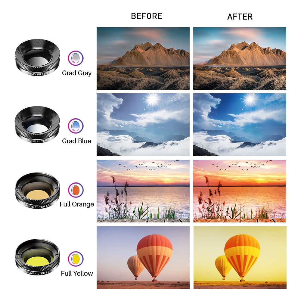 Apexel 11 In 1 Camera Phone Lens Kit Groothoek Macro Full Color/Grad Filter Cpl Nd Ster Filter voor Iphone Xiaomi Smartphone