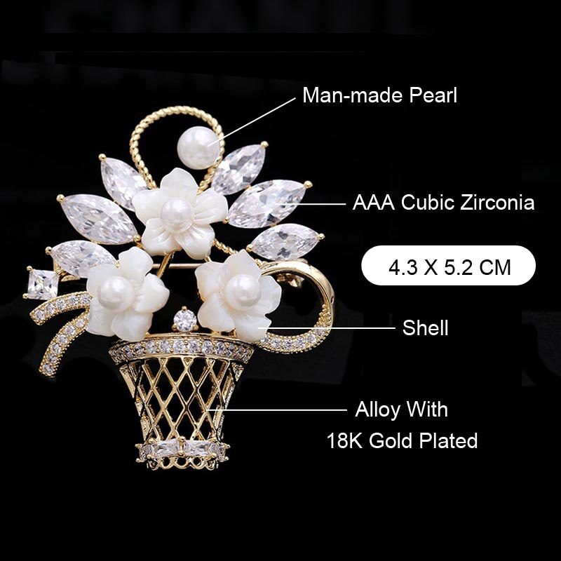 RED TREES Flower Basket Brooch - Zircon & Shell Pearl - Sterling Silver Plated - Wedding Bouquet Accessory