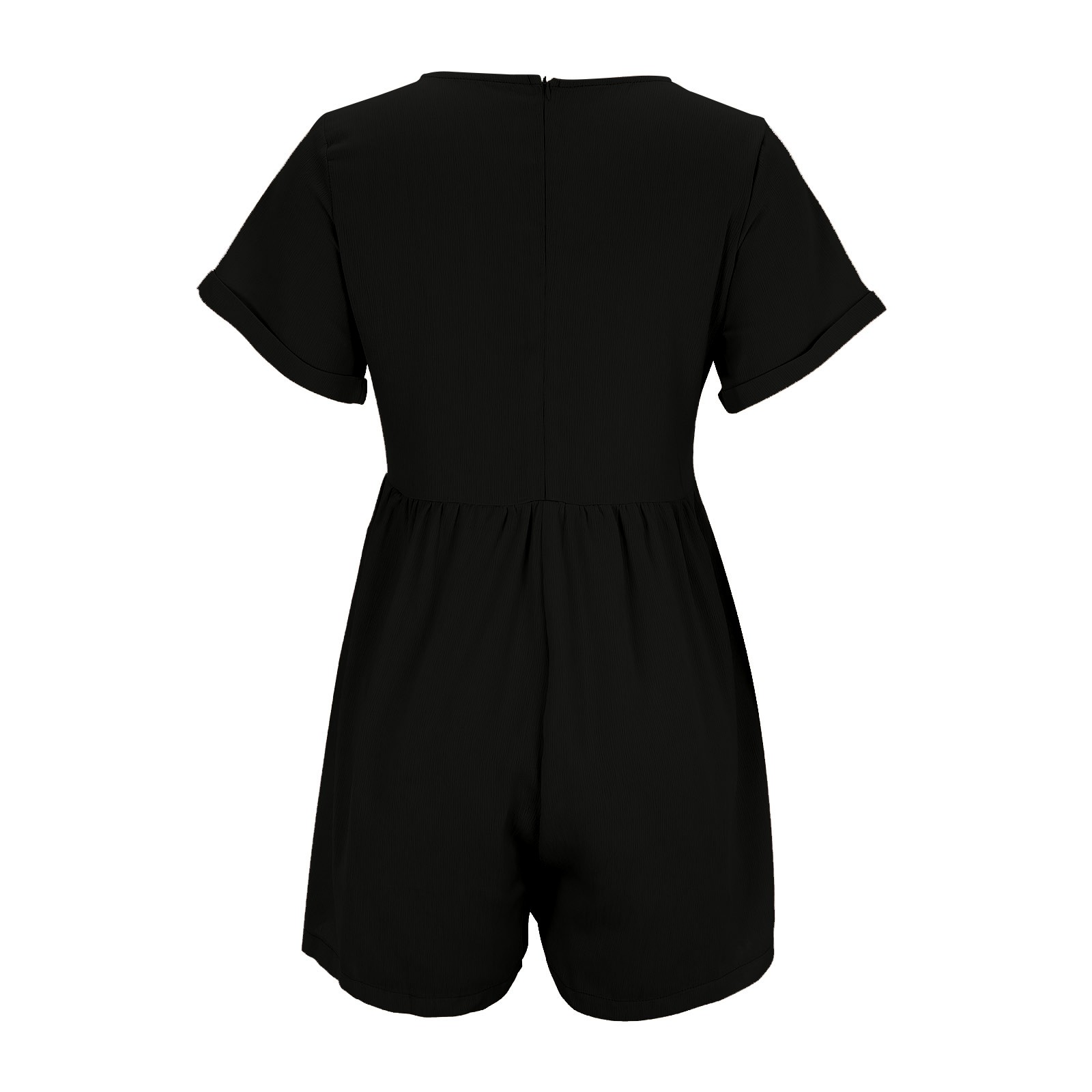 Zomer Playsuits Katoenen Linnen Dames Korte Rompertjes Overalls Effen V-Hals Zak Rug Rits Korte Mouw Jumpsuit Dames