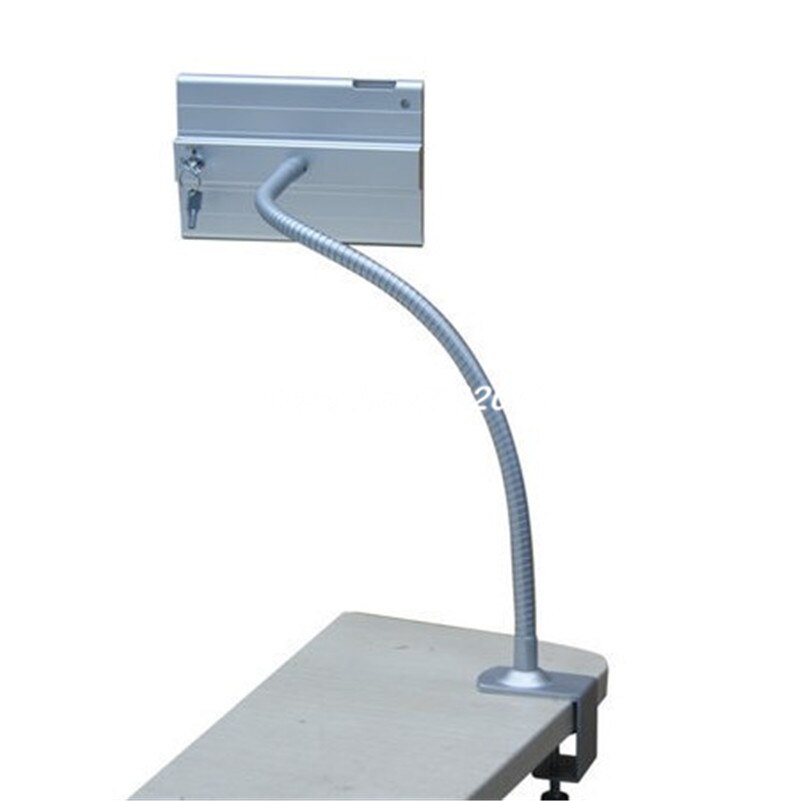 for mini iPad table clamp stand with flexible gooseneck arm support lockable desk mount lock metal casing anti-theft enclosure