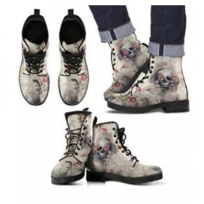 Botas altas con estampado de calavera y flores para mujer, botines estilo Martin para otoño e invierno, británica,