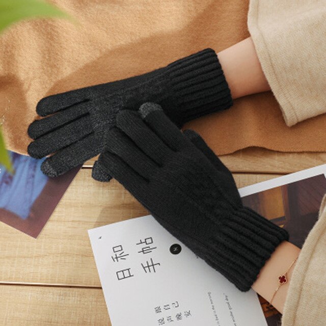 Guantes de punto de lana para mujer, guantes de lana trenzada con flores para pantalla táctil, invierno cálido, Jacquard de Cachemira, además de terciopelo, guante de conducción de abrigo grueso H48: Black