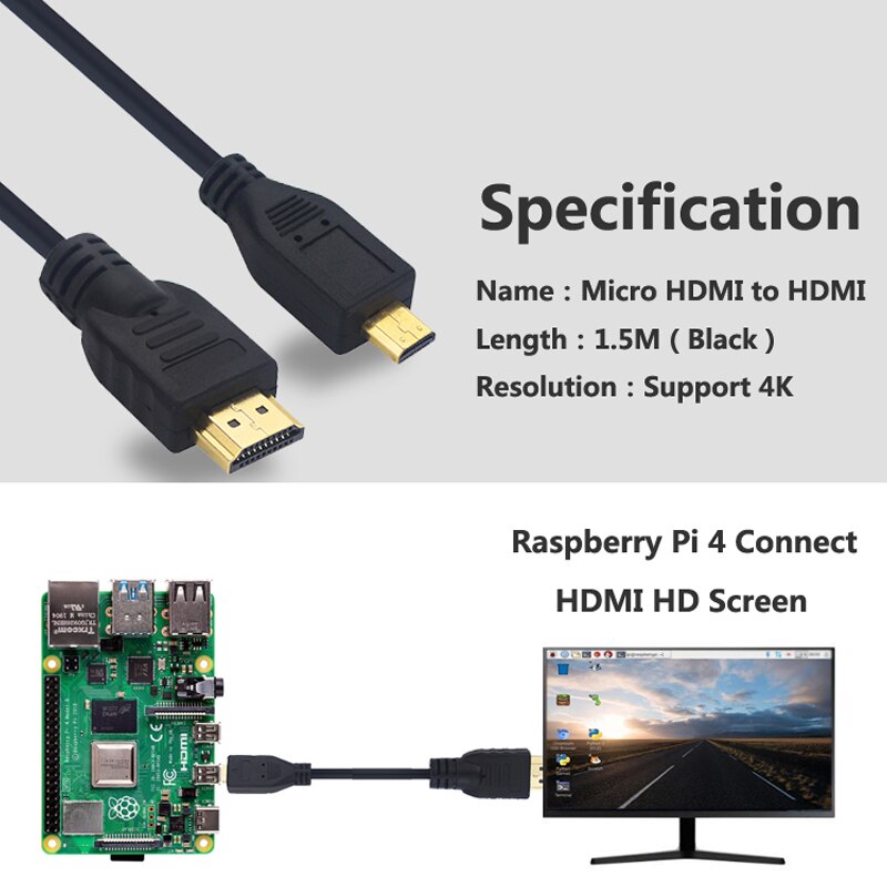 For Raspberry Pi 4 Micro HDMI to HDMI Cable Glod-Plated 3D Cable Adapter for HDTV Table Phone Raspberry Pi4 RPI000