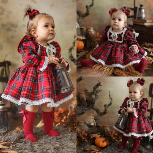 Jul toddler børn baby pige prinsesse kjole rød plaid flæser blonder tutu kjole børn pige pust ærme xmas kjole 1-6y