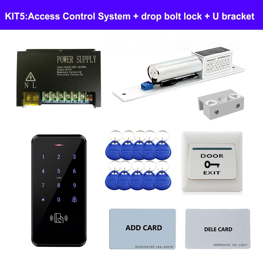 Diverse dør adgangskontrol system kit id tastatur adgangskontrol + strømforsyning + udgangsknap + elektriske dørlåse til kontor: Elfenben