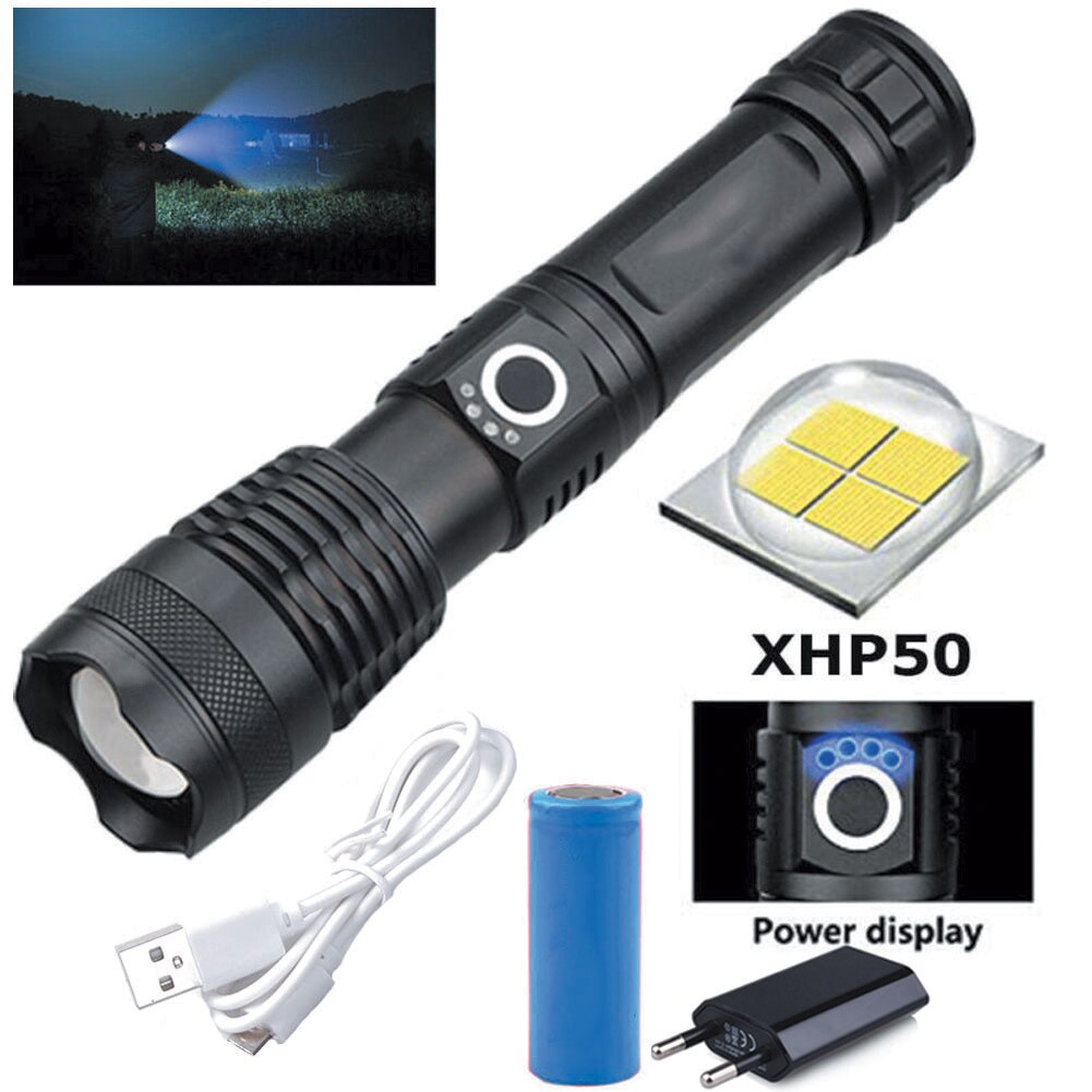 XHP50 USB Rechargeable Flashlight Torch Super Powerful LED Flashlight Waterproof Lamp Ultra Bright Lantern Camping: p50  26650 Batteries
