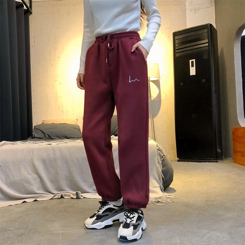 Casual Sport Hosen Für Frauen Stickerei Elastische Hohe Taille Laufen Hosen Lose Beiläufige Warme Jogginghose Winter
