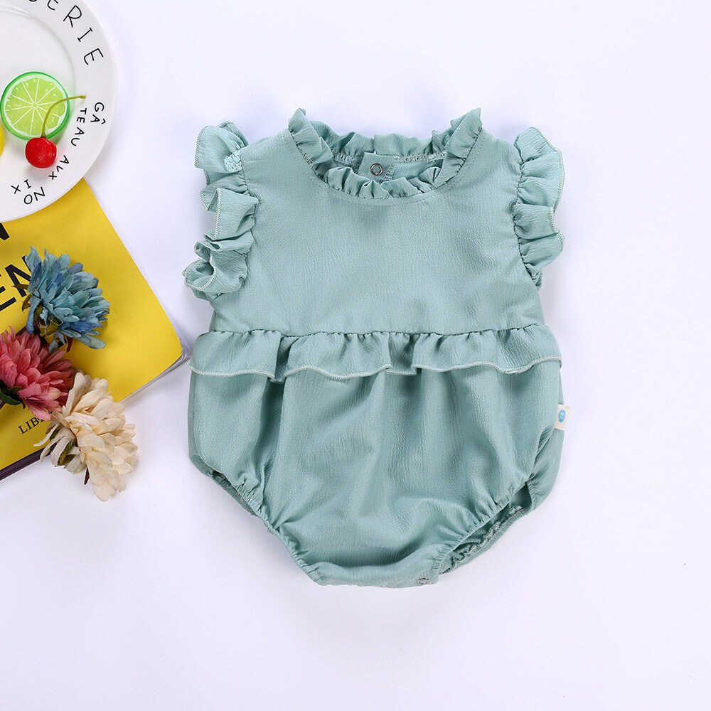 Baby Meisje Prinses Romper Candy Effen Kleur Mooie Verstoorde Kraag Driehoek Zomer Kinderen Meisjes Kleding Jumpsuits: Green / 3M