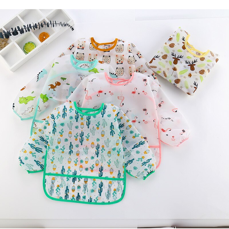 Wasserdicht Lange Ärmeln Baby Lätzchen Kinder Schürzen Kinder Feed Ziehen Spucktücher mit Tasche Cartoon Dinosaurier Flamingo Paste-Neck