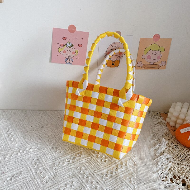 Summer Kids Straw Hand Bag Tote Woven Baby Girl Beach Handbag Toddler Boy Rattan Small Wallet Bag: Yellow