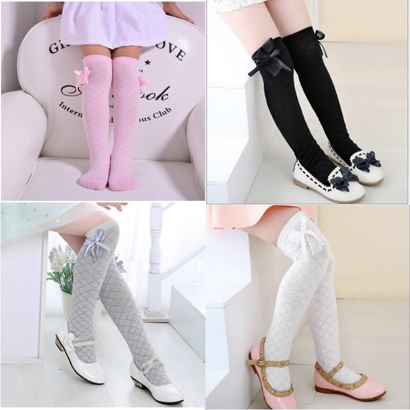 Katoen Knie Hoge Meisje Mode Beenwarmers Boog Katoen Zijde Kousen Kinderen Prinses Diamant Rooster Meisjes Voor Rechte Mesh