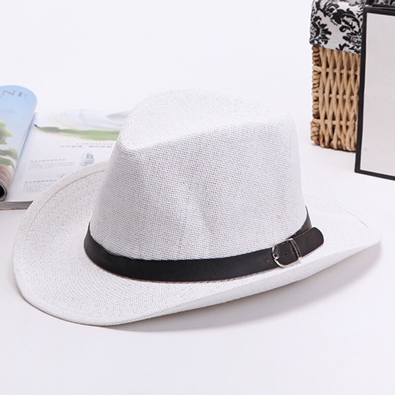 Men Straw Cowboy Hat Classic Western Cowboy Sun Hats for Summer Beach -OPK: White