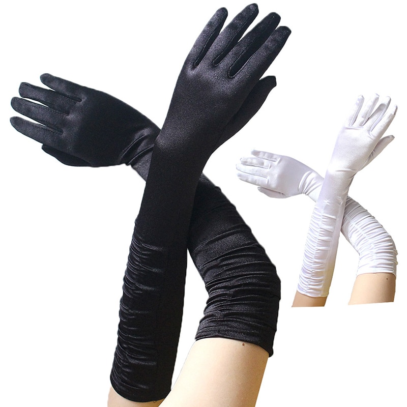1 paar Mode vrouwen Elleboog Lengte Handschoenen Sexy Zwart Wit Lange Satin Stretch Handschoenen voor Dames Meisjes Hand handschoenen ZY9006