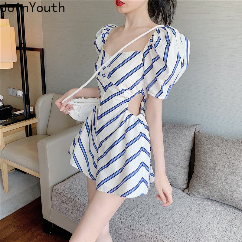 Joinyouth jumpsuits kvinder pufærmer udhulet højtaljet playsuit stribet løst brede ben korte bukser playsuit streetwear 7 a 421