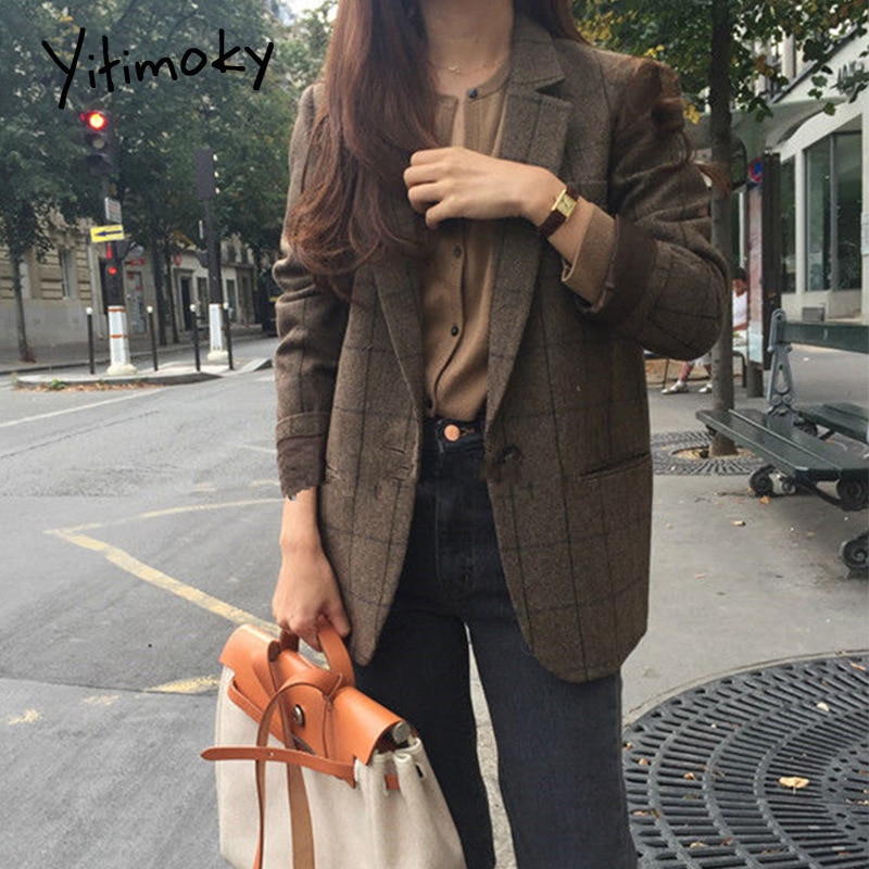 Kontor dame dame blazere og jakker rutete blazer koreansk kåpe kvinner vinterklær hakk enkantet yttertøy